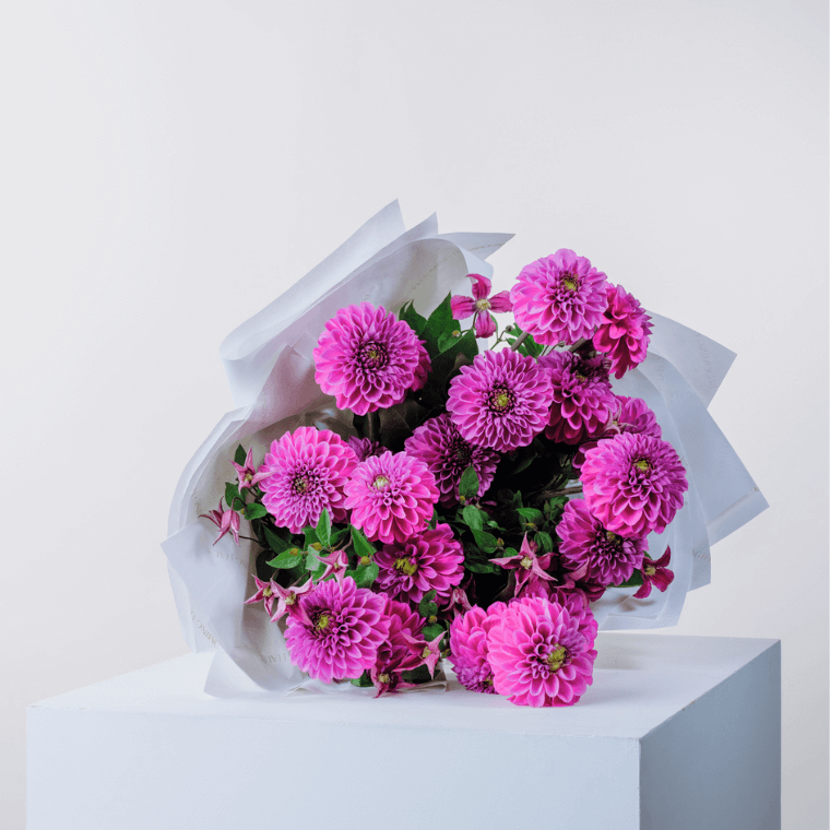 Violet bouquet with dahlias and clematis