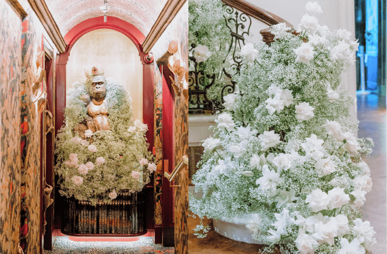 Two images from the vogue fashion and film party with a gorilla surrounded by white roses and baby's breath and the same flowers decorating a staircase