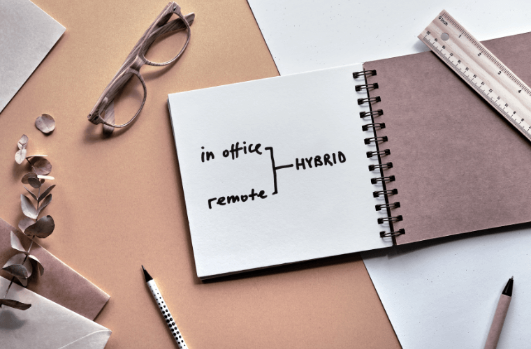 A desk with a pencil, glasses, and a notebook with writing about hybrid working