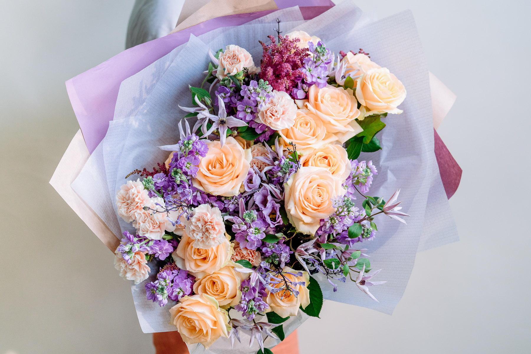 Purple and peach bouquet