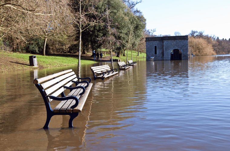 Benches in flood water