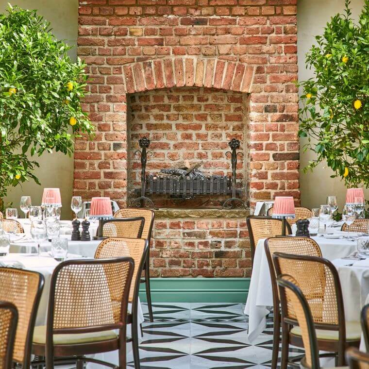 Brick fireplace focal point at daphne's restaurant