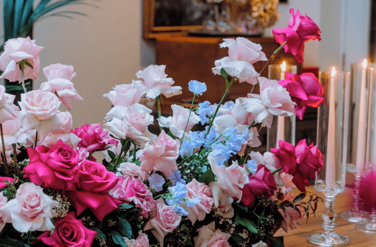 A red, white, and blue floral display by blooming haus